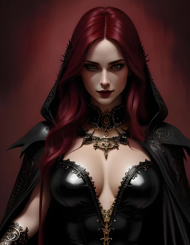 This is an image of a woman with red hair and green eyes. She is wearing a black and red dress with a hood. The dress is low-cut, showing off her cleavage. She is also wearing a necklace and a bracelet. The background is red.