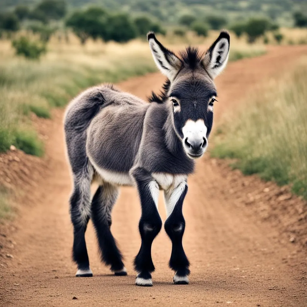 This image shows a donkey standing on a dirt road. The donkey is gray and white, with a black mane and tail. It is looking at the camera with a curious expression. The background is a grassy field, with trees in the distance.