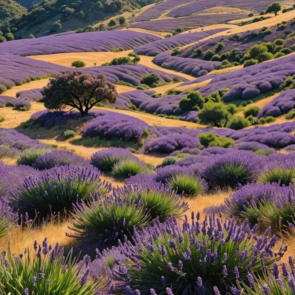 The image shows a field of lavender in bloom. The lavender is planted in rows, with a tree standing in the middle of the field. The lavender is a beautiful shade of purple, and it is in full bloom. The field is surrounded by hills, and there are a few trees in the distance. The sky is blue, and the sun is shining. The image is peaceful and relaxing.