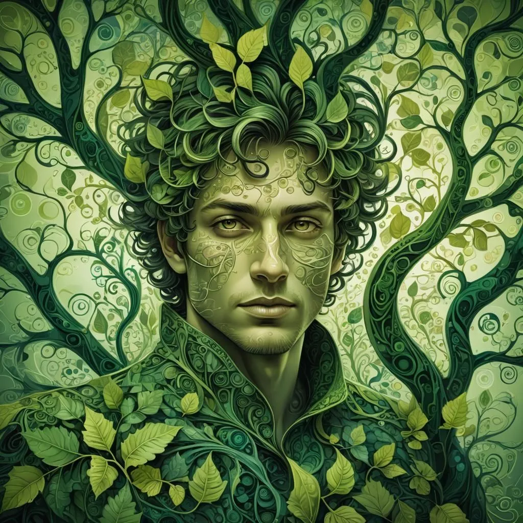 This image shows a man with green curly hair, and green eyes. His face and neck are painted with green patterns. He is wearing a green shirt with a white collar. The background is filled with green leaves and branches. The man's expression is serious and thoughtful.