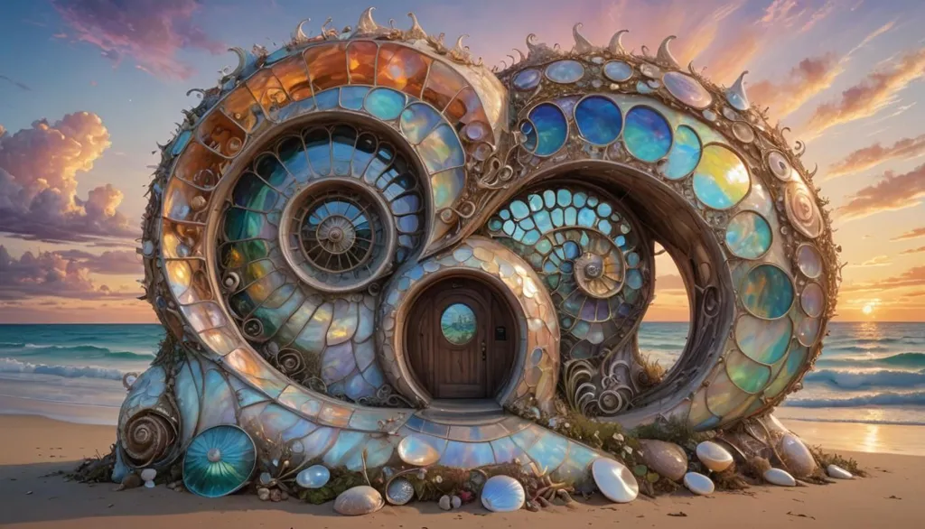 The image is a surreal and whimsical depiction of a beach. The foreground is dominated by a large, colorful seashell-like structure that is open and appears to be a house. The structure is made of many different colors and types of seashells, and it has a large, round door. The background of the image is a beach with the ocean and a setting sun. The sky is a gradient of orange and yellow. The image is full of vibrant colors and has a dreamlike quality.