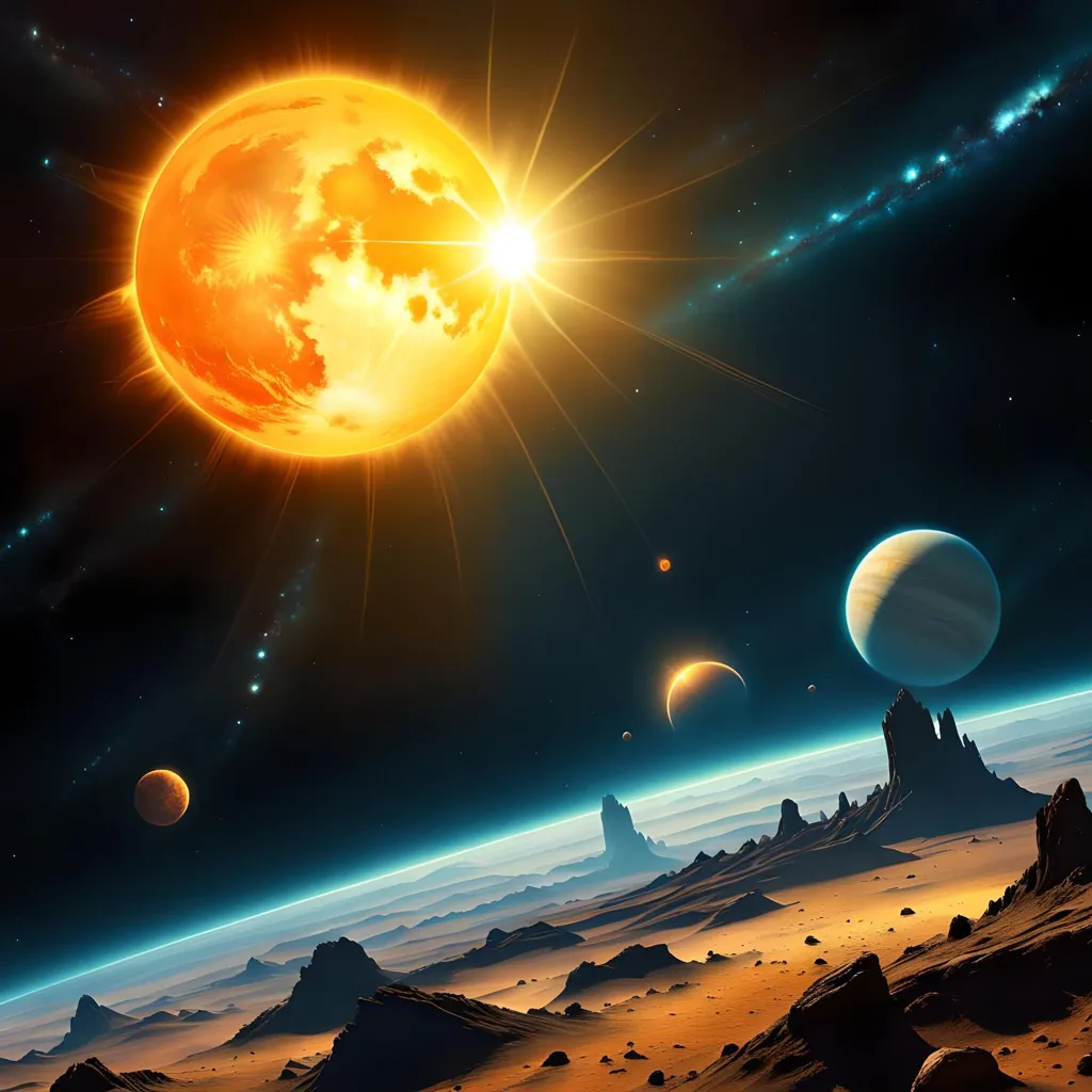 The image is set in a vast, alien landscape. A large, glowing sun hangs in the sky, casting a warm light over the scene. The ground is covered in a fine layer of sand, and there are large, rocky outcroppings scattered throughout. In the distance, there are several other planets visible, as well as a smattering of stars. The scene is one of awe-inspiring beauty, and it is easy to imagine that this is a place where anything is possible.