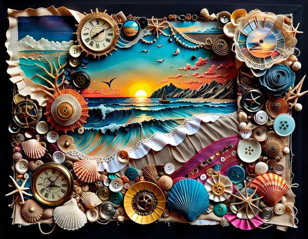 The image is a beautiful depiction of a beach scene, with the sun setting over the ocean. The waves are crashing on the shore, and there are seagulls flying overhead. The sky is a gradient of orange and yellow, and the water is a deep blue. The beach is made of sand, and there are shells and other debris scattered around. There is a clock in the top left corner and shells of different shapes and sizes throughout the entire image.