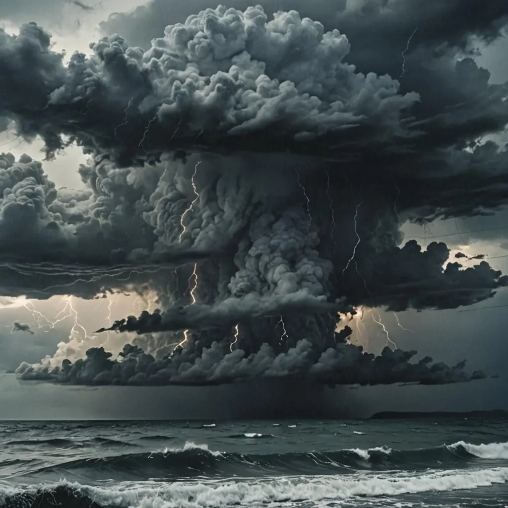 The image shows a dramatic seascape with a large, dark storm cloud looming over the ocean. The cloud is filled with bright, forked lightning, and the waves are whipped up into a frenzy by the strong winds. The scene is one of power and beauty, and it is easy to imagine the destructive force that a storm like this could unleash.