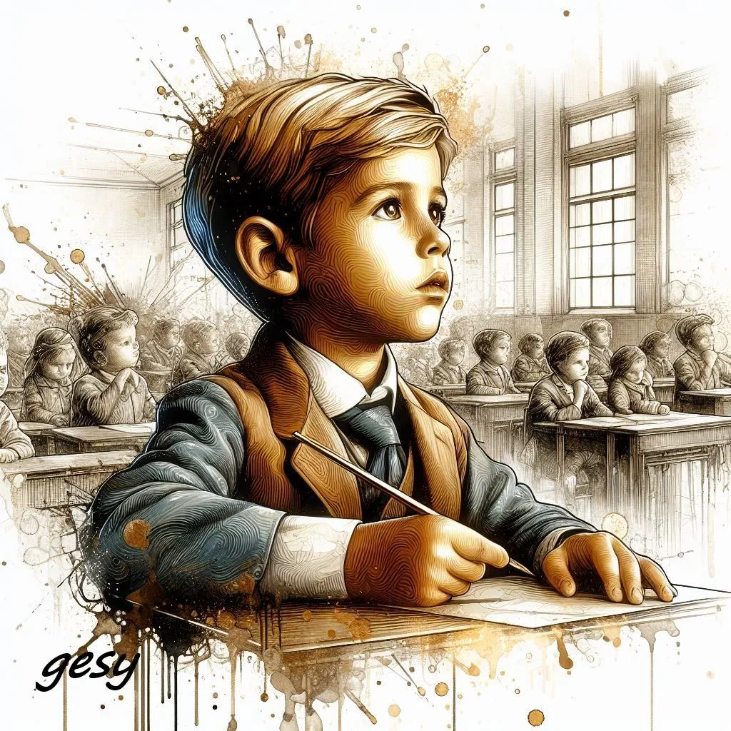 In a classroom, a boy is sitting at his desk, holding a pencil and looking up in thought. He is wearing a suit and tie, and his hair is neatly combed. The other children in the classroom are also sitting at their desks, and they are all looking at the teacher. The teacher is standing in front of the class, and he is holding a book. He is looking at the boy who is holding the pencil.