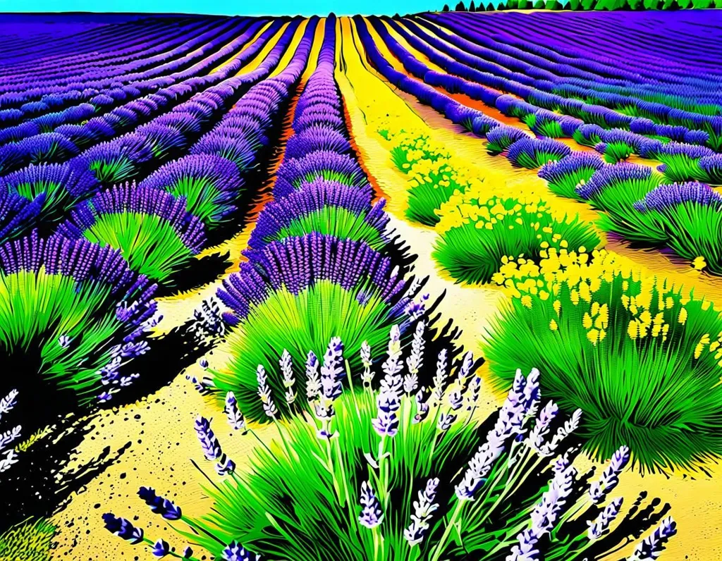 This is a painting of a lavender field. The lavender is in full bloom, and its vibrant purple color is offset by the green of the surrounding fields. The painting has a Provençal feel to it, and it captures the beauty of the French countryside.