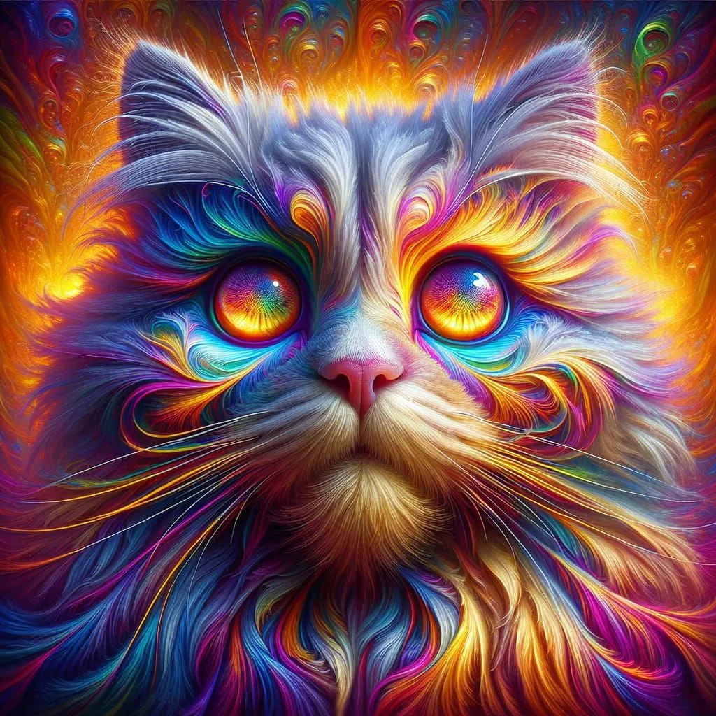 This is a digital painting of a cat. The cat is depicted with rainbow-colored fur and eyes, and is set against a background of swirling colors. The painting has a psychedelic or trippy feel to it, and it seems to capture the essence of the cat's personality. The cat looks out at the viewer with an air of curiosity and wonder, and its fur seems to be flowing in the wind. The painting is full of vibrant colors and energy, and it is sure to capture the attention of anyone who sees it.