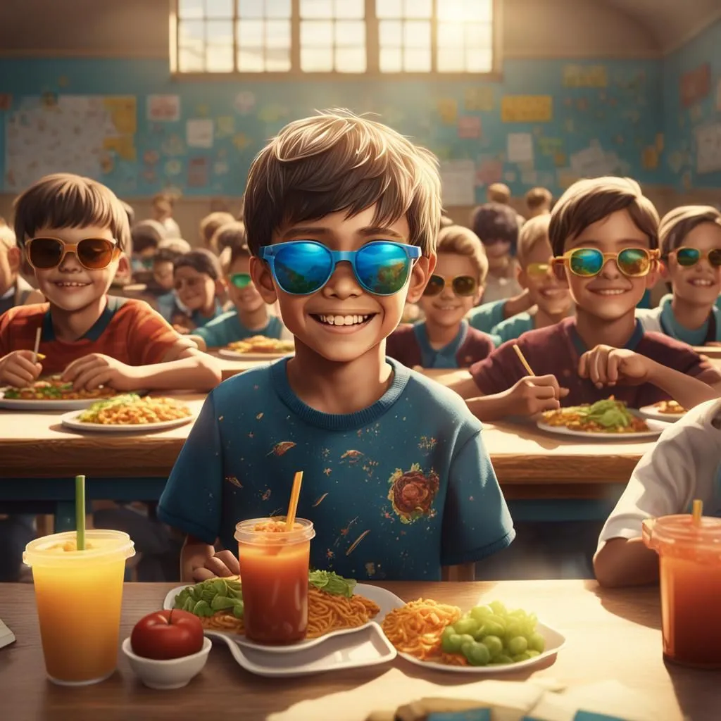 The image shows a group of children sitting at a table in a cafeteria. They are all wearing sunglasses and eating lunch. The boy in the front is smiling and has a full plate of food. The children are all sitting in a neat and orderly fashion.