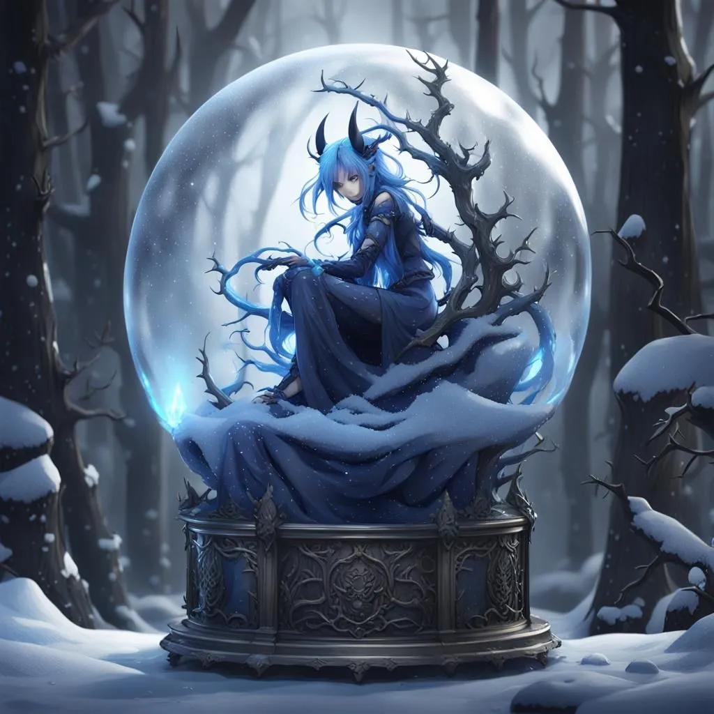 The image is a beautiful winter scene with a blue-haired girl sitting on a throne made of ice and snow. She is wearing a long blue dress with a white fur trim, and she has a pair of black horns on her head. The girl is surrounded by a large snow globe, and there are snow-covered trees in the background.