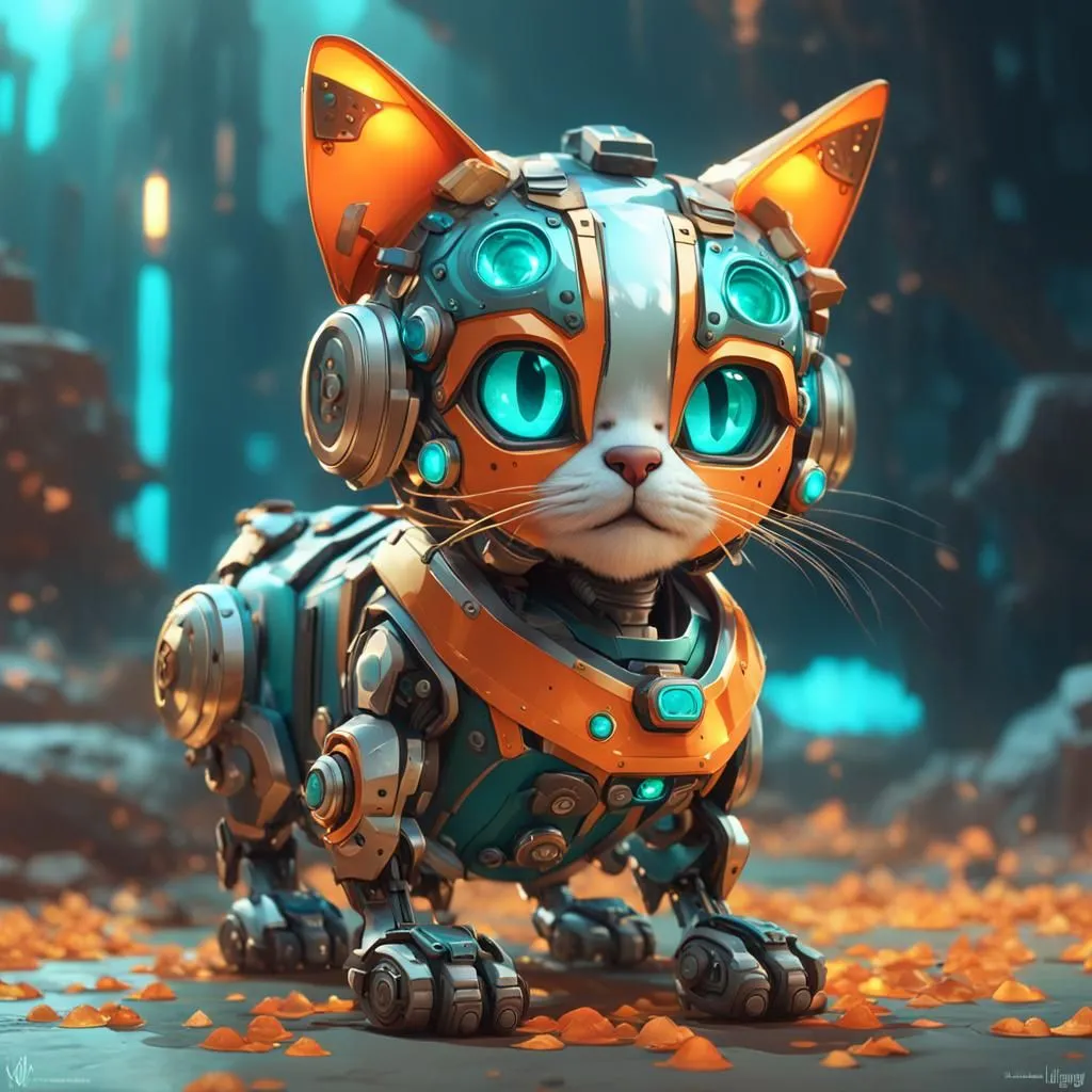 The image shows a robotic cat. It has orange and white fur, and its body is made of metal. It has blue eyes and a small, pink nose. It is wearing a collar with a tag that says "MIA". The background of the image is a blur of blue and green.