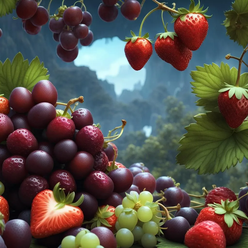 A close-up image of a variety of fruits. There are strawberries and two types of grapes: green and purple. The fruits are arranged in a visually appealing way and appear to be very fresh. The background is a blurred image of a lush green landscape with a blue sky.