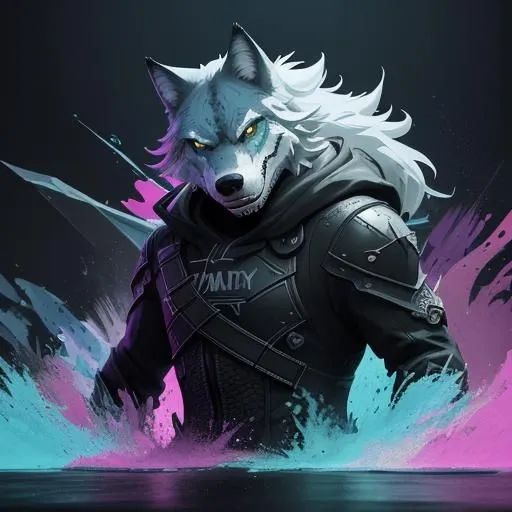 The image is of a muscular wolf standing on a stone platform. The wolf is wearing a black leather armor with silver accents. The wolf's fur is white and black. The wolf's eyes are glowing green. The wolf is standing in a pool of water, with a colorful background.