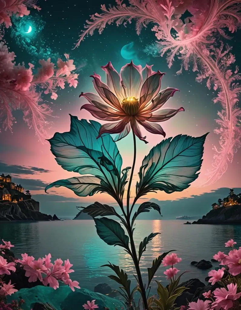 The image is a surreal and beautiful landscape. A large, glowing flower is in the center of the image, and it is surrounded by lush vegetation. The flower is made of petals that are a gradient of pink and blue, and it has a bright yellow center. The leaves of the flower are a deep blue color, and they are veined with a lighter blue. The flower is surrounded by other plants, including pink flowers, and green ferns. The background of the image is a dark blue sky, and there are two moons in the sky. The image is full of vibrant colors, and it is a feast for the eyes.