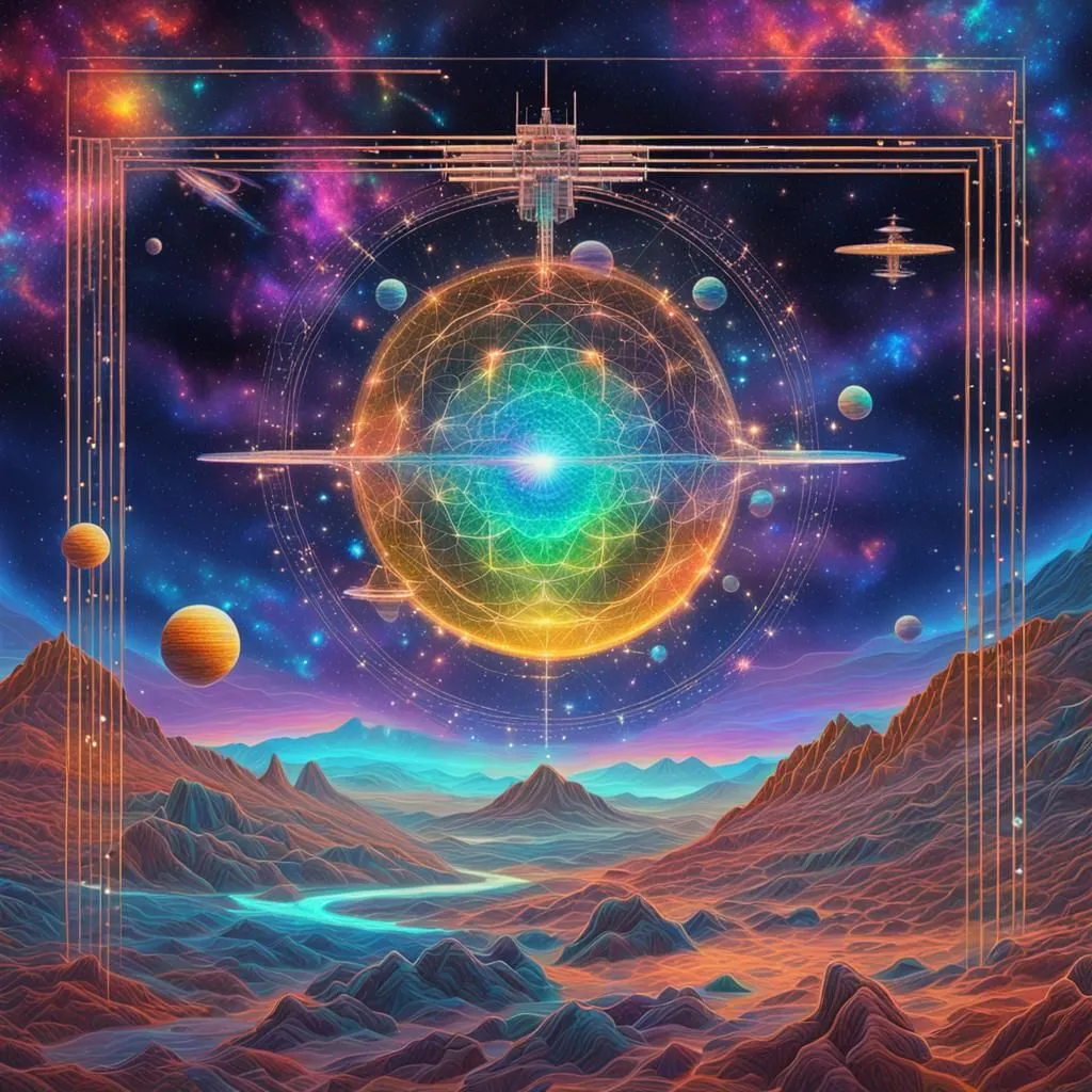 The image is set in a vast, colorful universe, with a glowing, intricate sphere at the center. The sphere is surrounded by planets, moons, and stars, and there is a sense of awe and wonder in the scene. The colors are vibrant and saturated, and the overall effect is one of beauty and mystery.