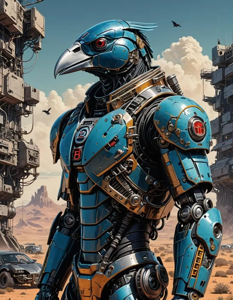 The image depicts a robot that looks like a bird. It is standing in a desert landscape with a cloudy sky and large buildings in the background. The robot is blue and made of metal. It has a large beak and a crest on its head. It is wearing a suit of armor and has a gun in its hand.