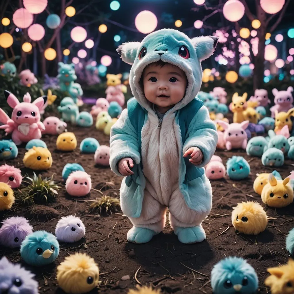 The image shows a baby in a blue and white onesie standing in a field of colorful plush toys. The baby is smiling and looking at the camera. The toys are all different shapes and sizes, and they are all arranged around the baby. The background is a blur of green and blue, and there are some small lights in the background.