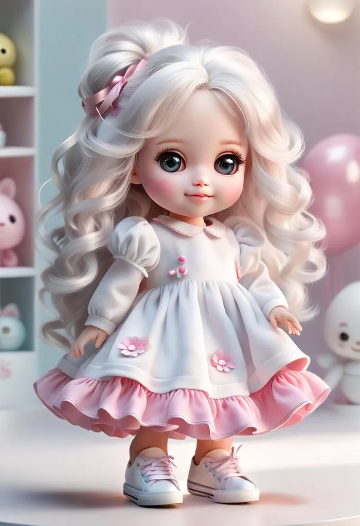 This is a digital image of a doll with long white hair styled in a ponytail with a pink bow. She is wearing a white dress with pink floral designs and a pink ruffled skirt. She has on white shoes and is standing in a pink room with a pink balloon and toys in the background.