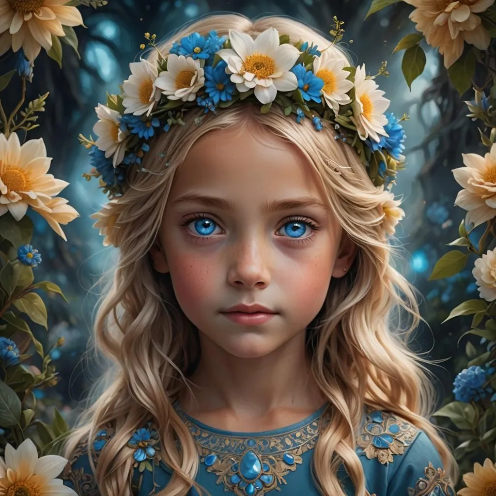 A little 6 year old tan blonde girl with striking blue eyes. she has a flower crown on her head and a slight smile on her face