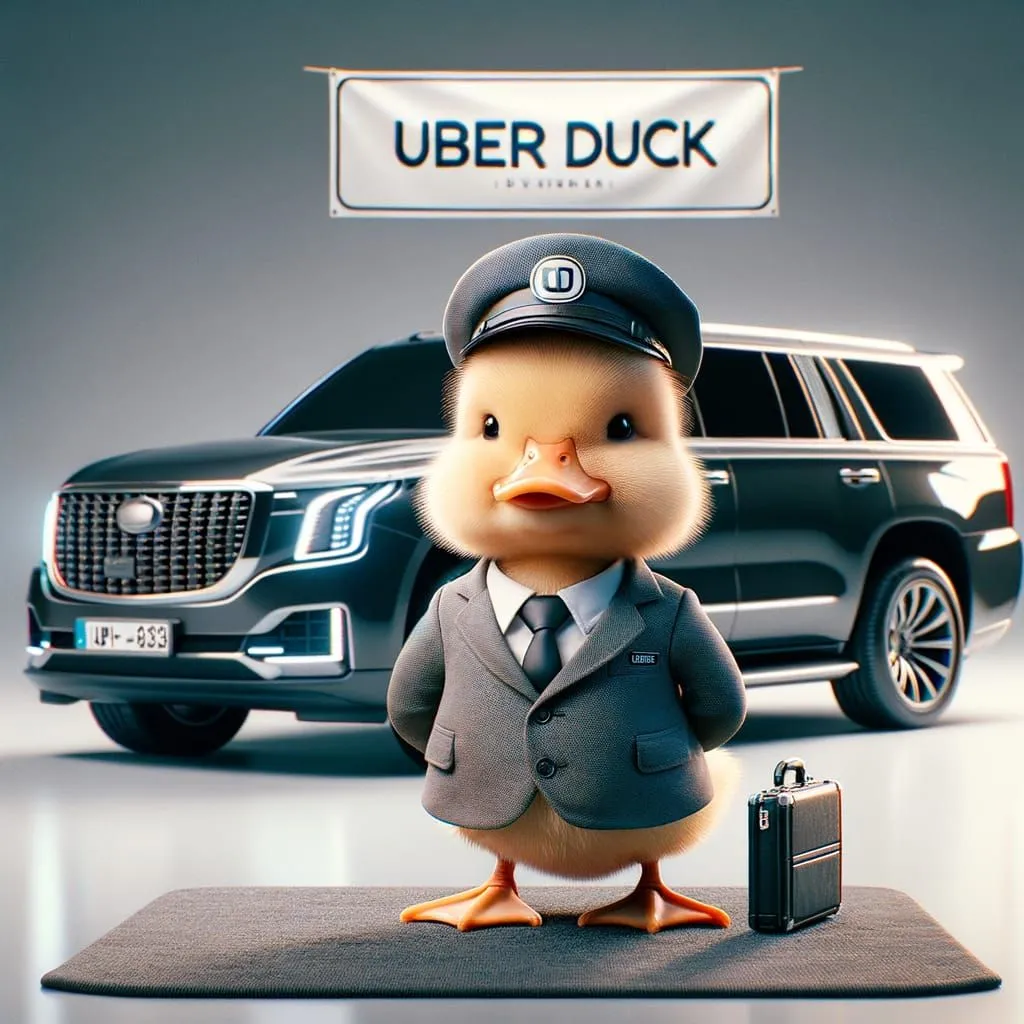 This is an image of a duck wearing a suit and hat. The duck is standing in front of a black luxury car. The duck has a briefcase in its wing. There is a sign above the duck that says "Uber Duck".