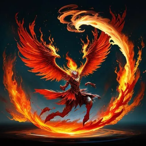 The image shows a fiery red phoenix with its wings spread wide. The phoenix appears to be in flight, with its long tail feathers trailing behind it. The phoenix is surrounded by flames, and its eyes are glowing brightly. The background is a dark blue night sky.