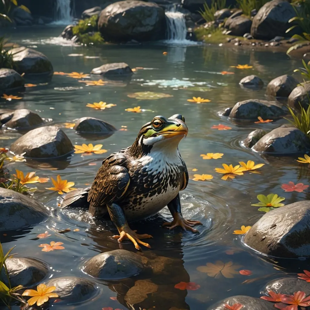 The image depicts a frog-like creature with webbed feet sitting on a rock in a shallow pond. The creature is mostly green with yellow and black markings. It has a long, pointed snout and large, webbed feet. The pond is surrounded by rocks and moss-covered stones. In the background, there is a small waterfall. The water is clear and you can see the reflection of the creature in the water.