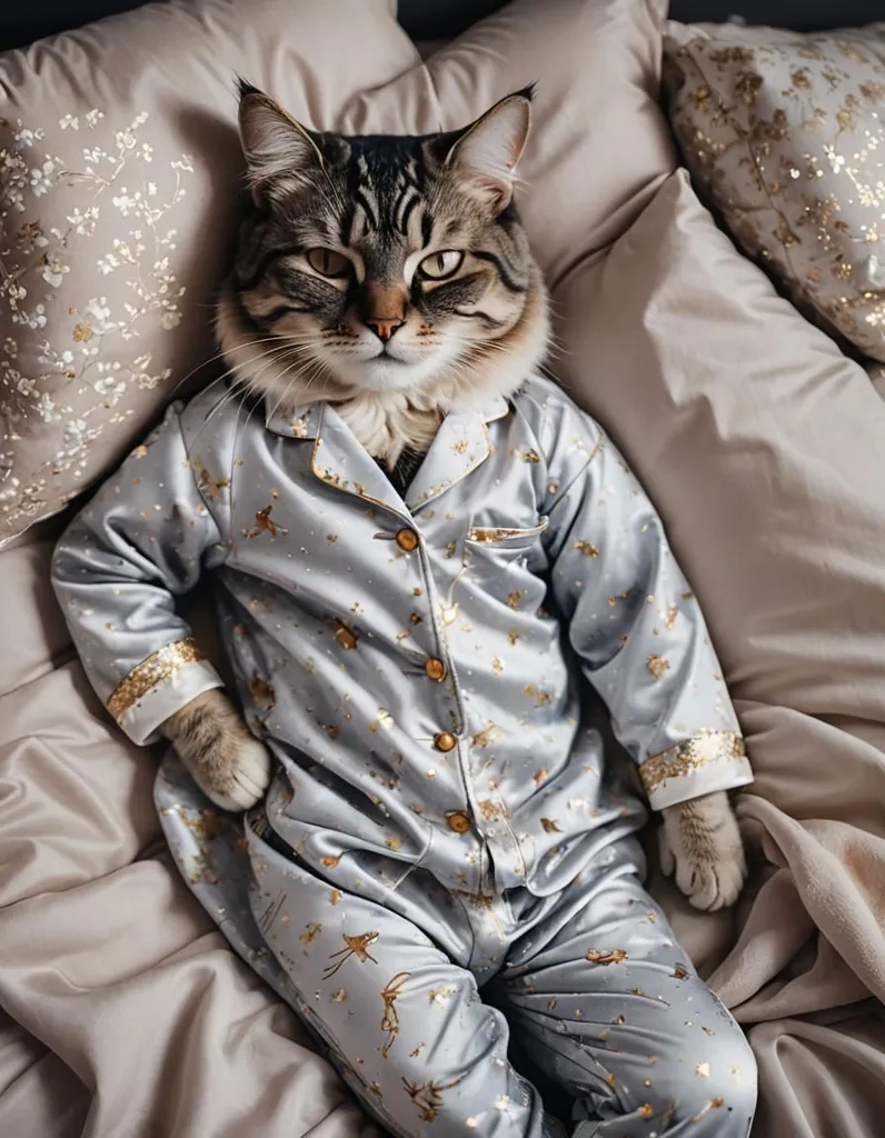 The image shows a cat wearing a silk pajamas. The cat is sitting on a bed, looking at the camera. The cat's pajamas are silver-gray with golden buttons. The cat has a serious expression on its face. The image is funny and cute.