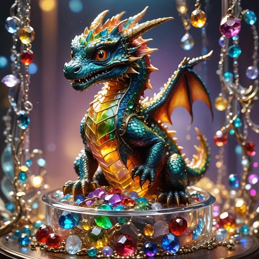 A magnificent dragon sits atop a pile of glittering gems, its wings folded gracefully at its sides. The dragon is a brilliant shade of blue, with shimmering green and gold accents. Its eyes are a deep, piercing orange, and its teeth are razor-sharp. The gems beneath the dragon are of all different colors and shapes, and they sparkle in the light. The dragon is a symbol of power and strength, and the gems represent wealth and prosperity. Together, they create a stunning and eye-catching display.