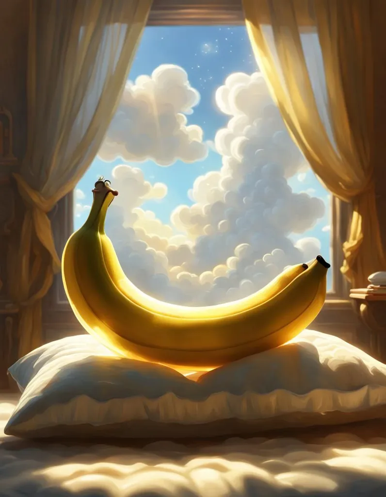 A large banana is lying on a pillow in front of a window. The banana is smiling and has its eyes closed. The window is open, and the sky is blue and cloudy. The curtains are yellow and billowing in the wind.