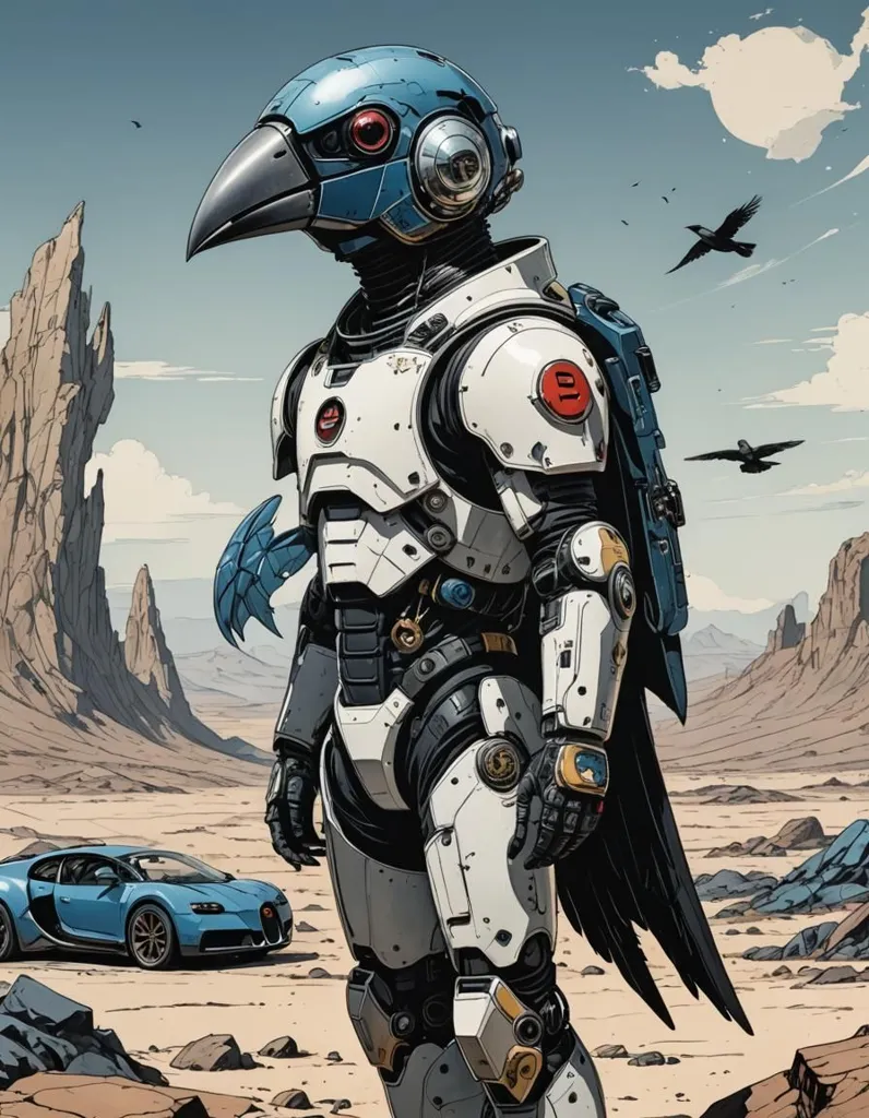 The image shows a humanoid robot with a bird-like head. It is standing in a desert landscape, with a blue sports car parked behind it. The robot is wearing a white and blue suit of armor, and it has a pair of wings folded behind its back. Its face is expressionless, and its eyes are a deep blue color. The robot looks like it is ready for battle.