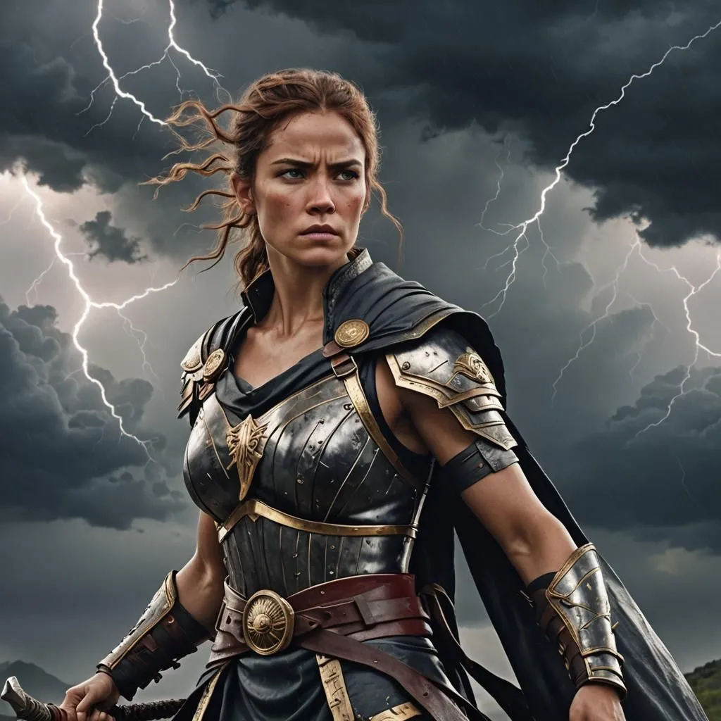 A warrior woman stands in a defiant pose, her eyes narrowed and her lips set in a determined line. She is dressed in a suit of armor that covers her body from head to toe, and she is armed with a sword and a shield. The background is a stormy sky, with dark clouds and lightning flashing. The woman's hair is blowing in the wind, and her eyes are filled with determination. She is ready to face whatever challenges come her way.