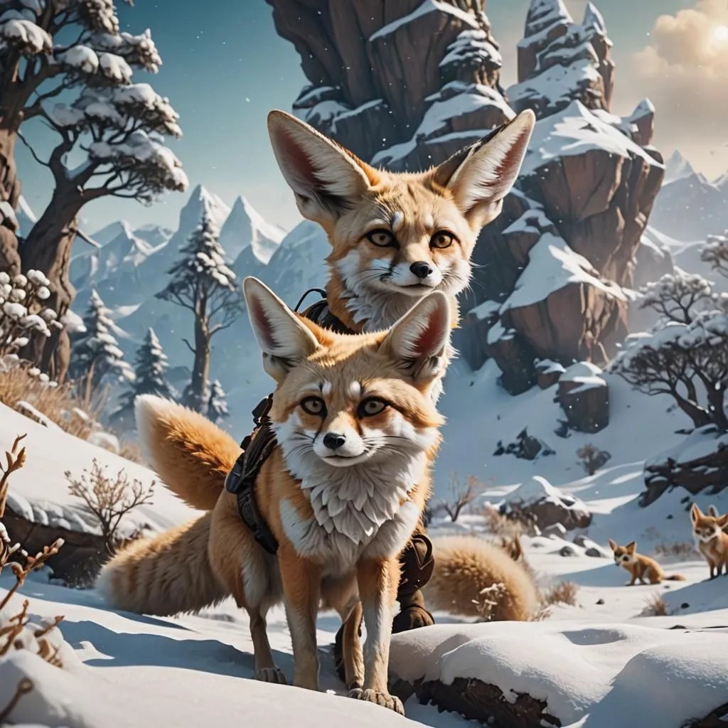 In the middle of a snowy tundra, two large fennec foxes stand tall and proud. Their fur is a light orange, and their ears are perked up, alert to any sound. Their eyes are a deep blue, and they seem to be looking off into the distance. They are both wearing brown leather harnesses. There are smaller fennec foxes playing in the snow around them.