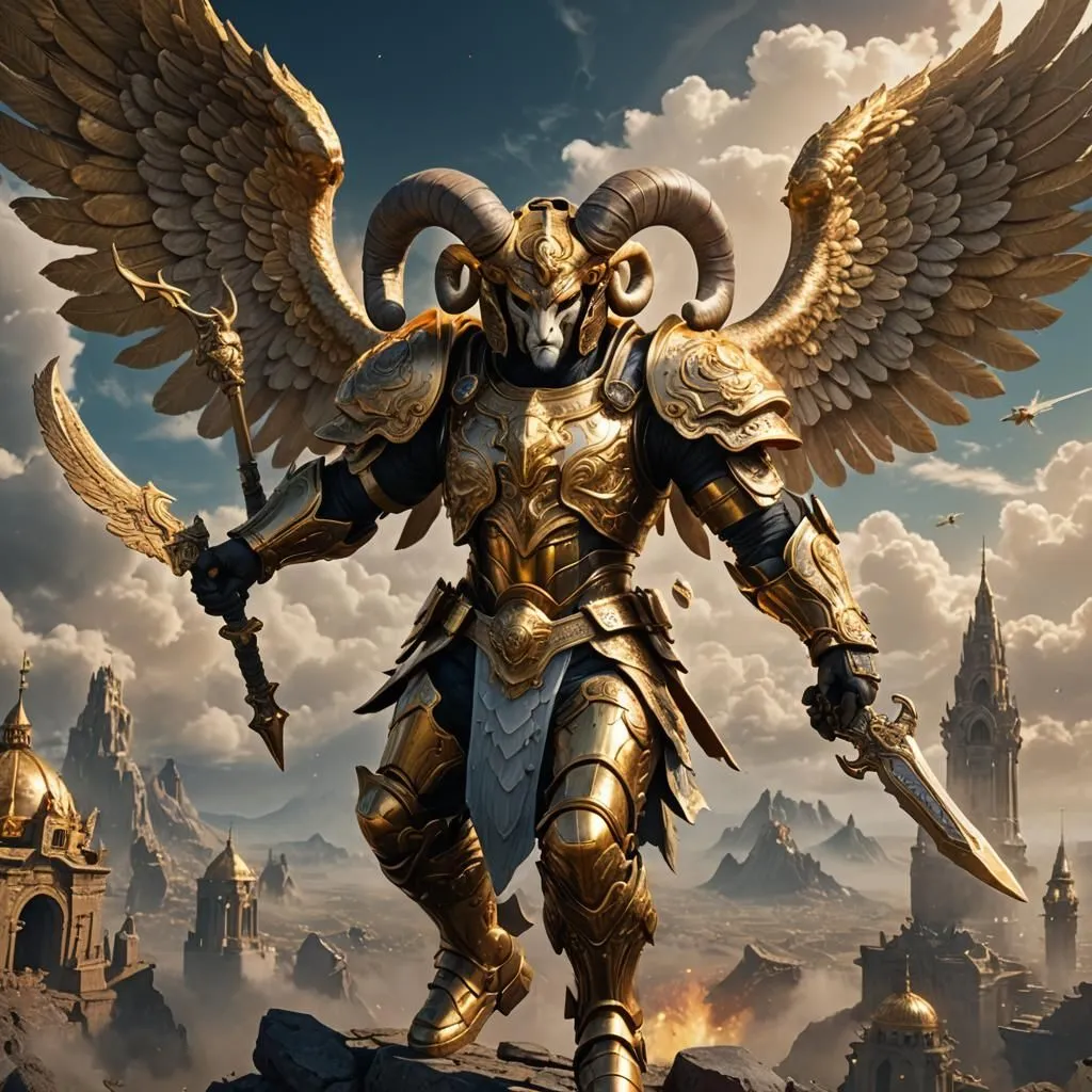 The image shows a golden warrior with a ram's head and wings. He is standing on a rock in front of a city. The warrior is wearing golden armor and is holding a sword and a shield. He has a determined look on his face and is ready to face any challenge.