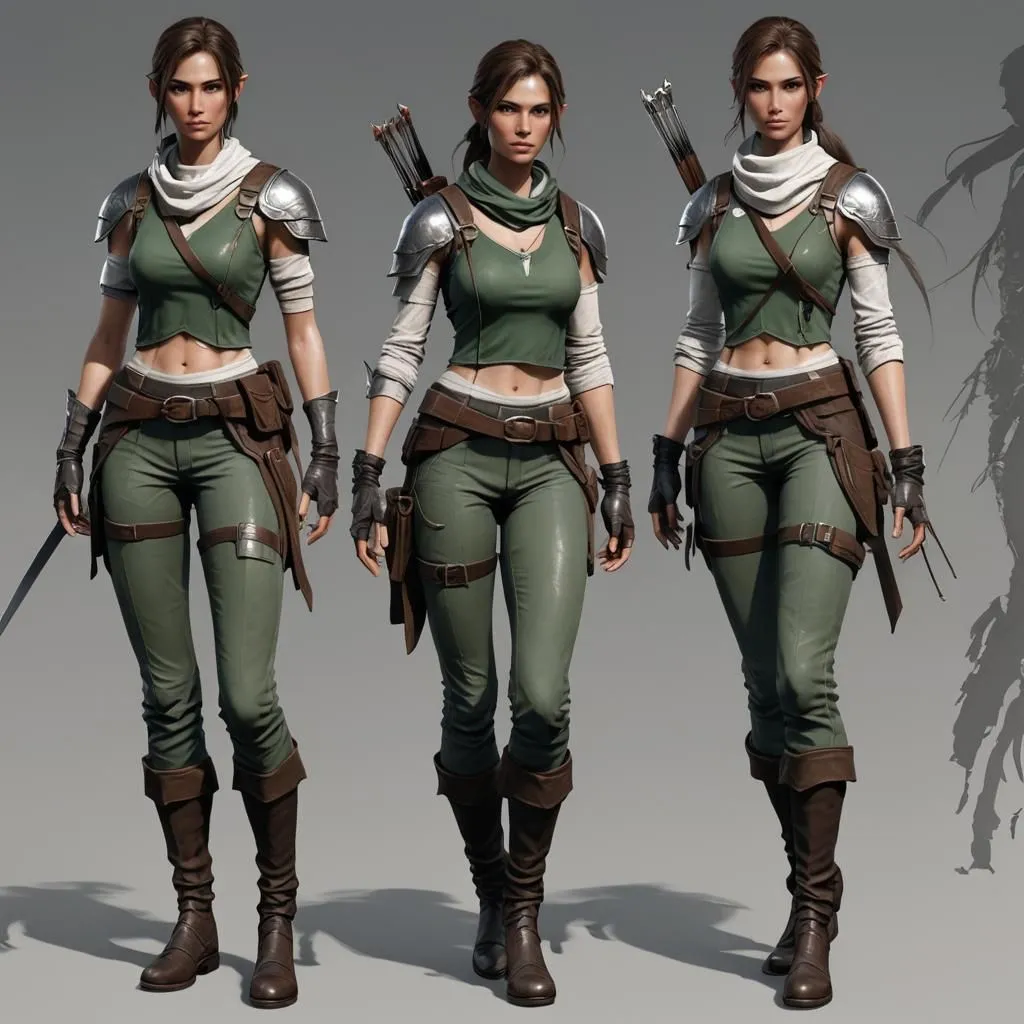 The image shows a female elf in green outfit. She has a bow and a quiver of arrows on her back. She is also wearing a sword on her hip. She looks like a skilled warrior and is ready for battle.