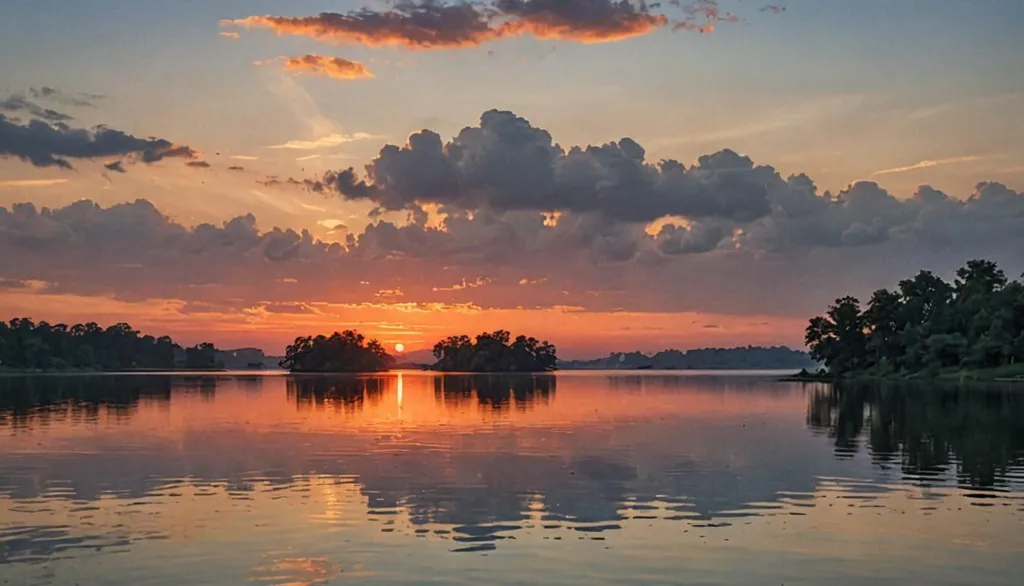 The setting sun casts a golden glow on the lake, reflecting off the surface of the water and illuminating the trees on the shore. The sky is ablaze with color, the clouds reflecting the warm hues of the sunset. The scene is one of peace and tranquility, the only sound being the gentle lapping of the waves against the shore.