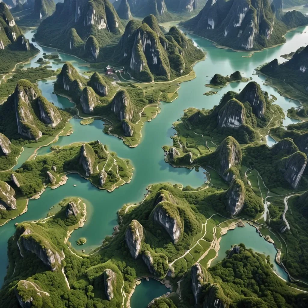 This is an aerial view of a mountain landscape. The mountains are covered in lush green vegetation and the valleys are filled with water creating a beautiful and serene landscape. The water in the valley is green and blue and reflects the sky. The mountains are covered in mist and clouds, creating a mystical and enchanting atmosphere. The mountains in the background are shrouded in mist, adding to the sense of mystery and wonder.