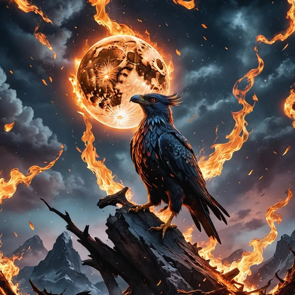 A phoenix is a mythical bird that is said to rise from the ashes of its predecessor. It is often associated with fire and rebirth. The phoenix in this image is perched on a tree stump, surrounded by flames. The background is a dark night sky with a full moon. The phoenix is depicted as a majestic creature with fiery feathers and a piercing gaze. The image is both beautiful and powerful, and it evokes a sense of awe and wonder.