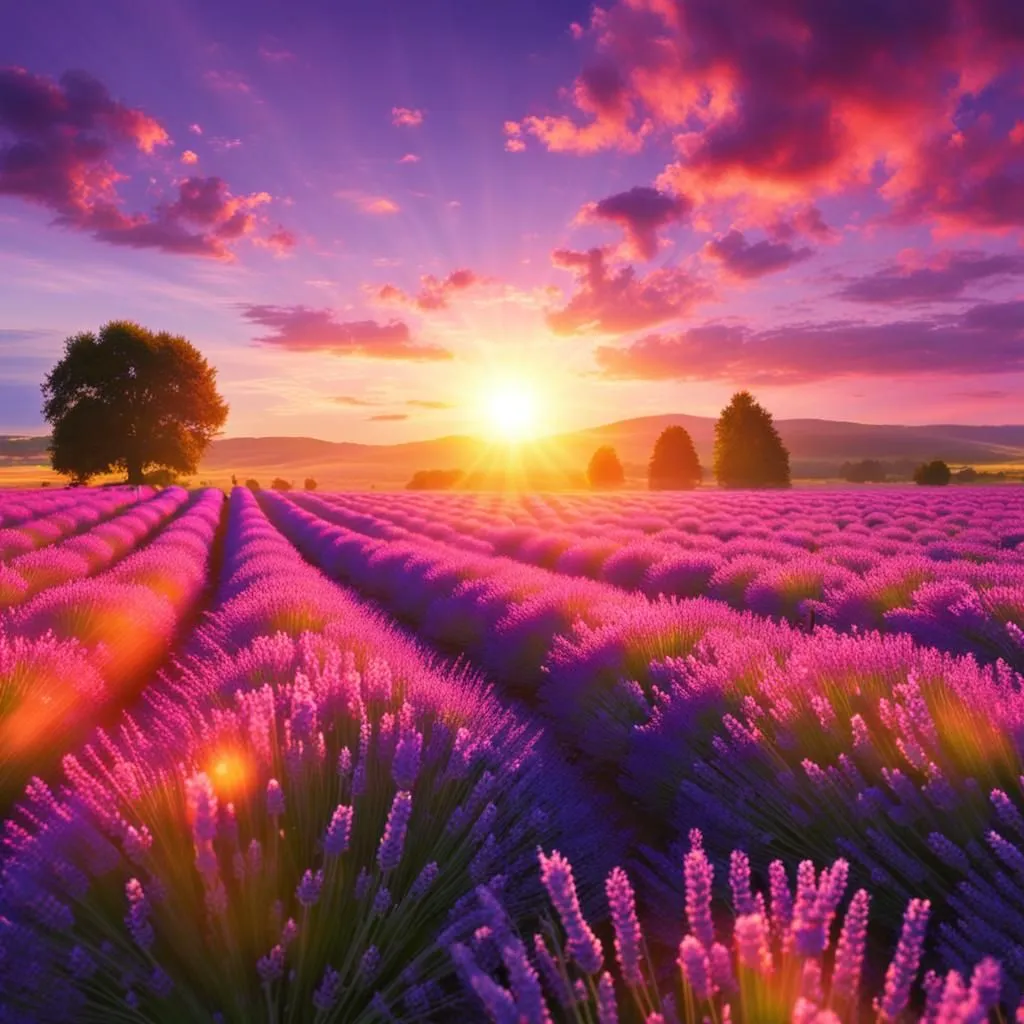 The image shows a field of lavender at sunset. The lavender is in full bloom and the sun is setting behind it. The sky is a gradient of purple and pink, orange and yellow. There are trees in the background and a hill in the distance. The image is very beautiful and peaceful.