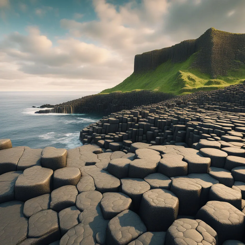 The image shows a rocky beach with a cliff in the background. The cliff is covered in green grass and the beach is made up of large, hexagonal rocks. The water is a deep blue and the sky is cloudy. The image is taken from a low angle, which makes the cliff look even more imposing.