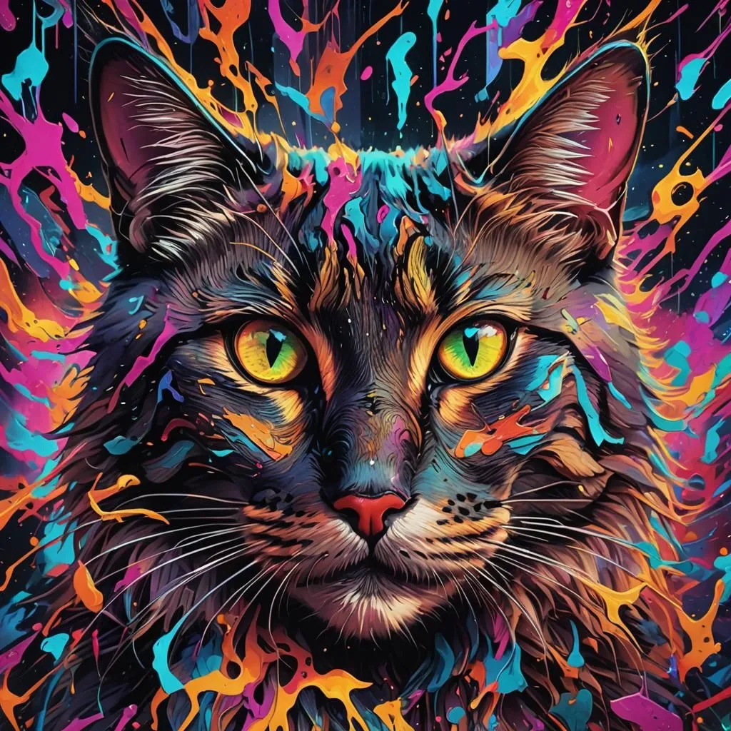 A digital painting of a cat with vibrant colors. The cat is facing the viewer with wide green eyes. The fur is long and looks soft. The background is a bright yellow and has paint splatters of blue, pink, purple, and orange.