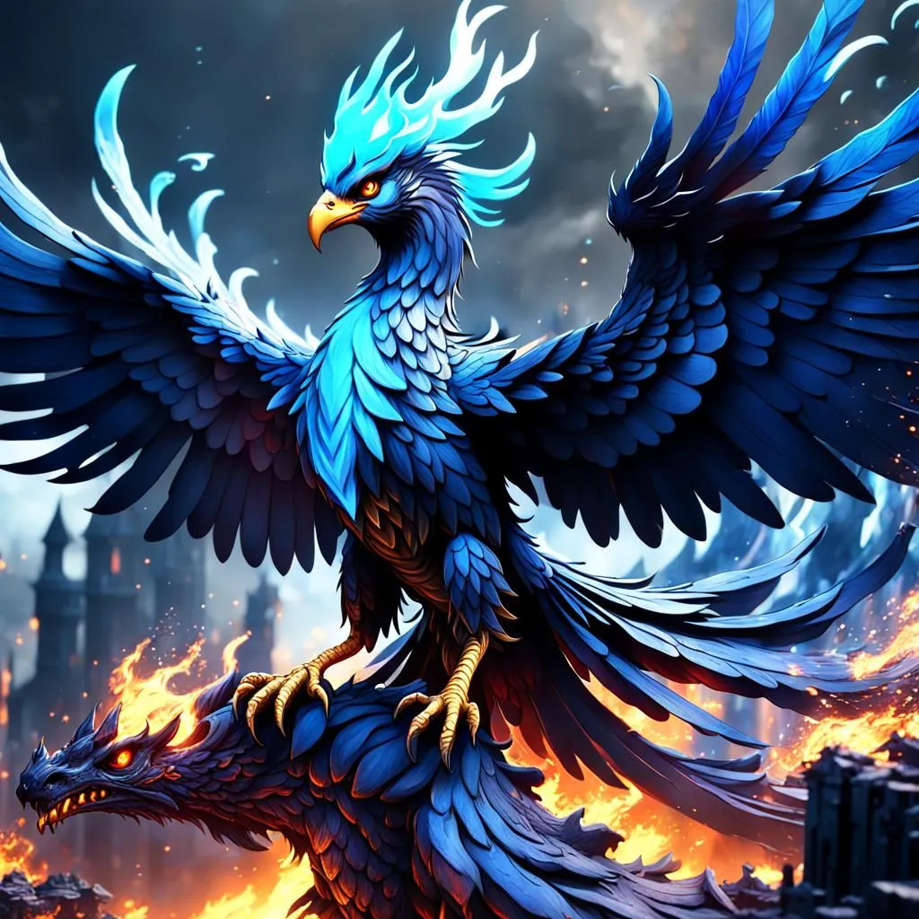 The image is a blue phoenix. It is a large bird with a long tail and bright blue feathers. It is standing on a pile of rocks, and there is a fire burning behind it. The background is a dark, stormy sky. The phoenix is a symbol of hope and renewal, and it is often associated with fire and the sun.