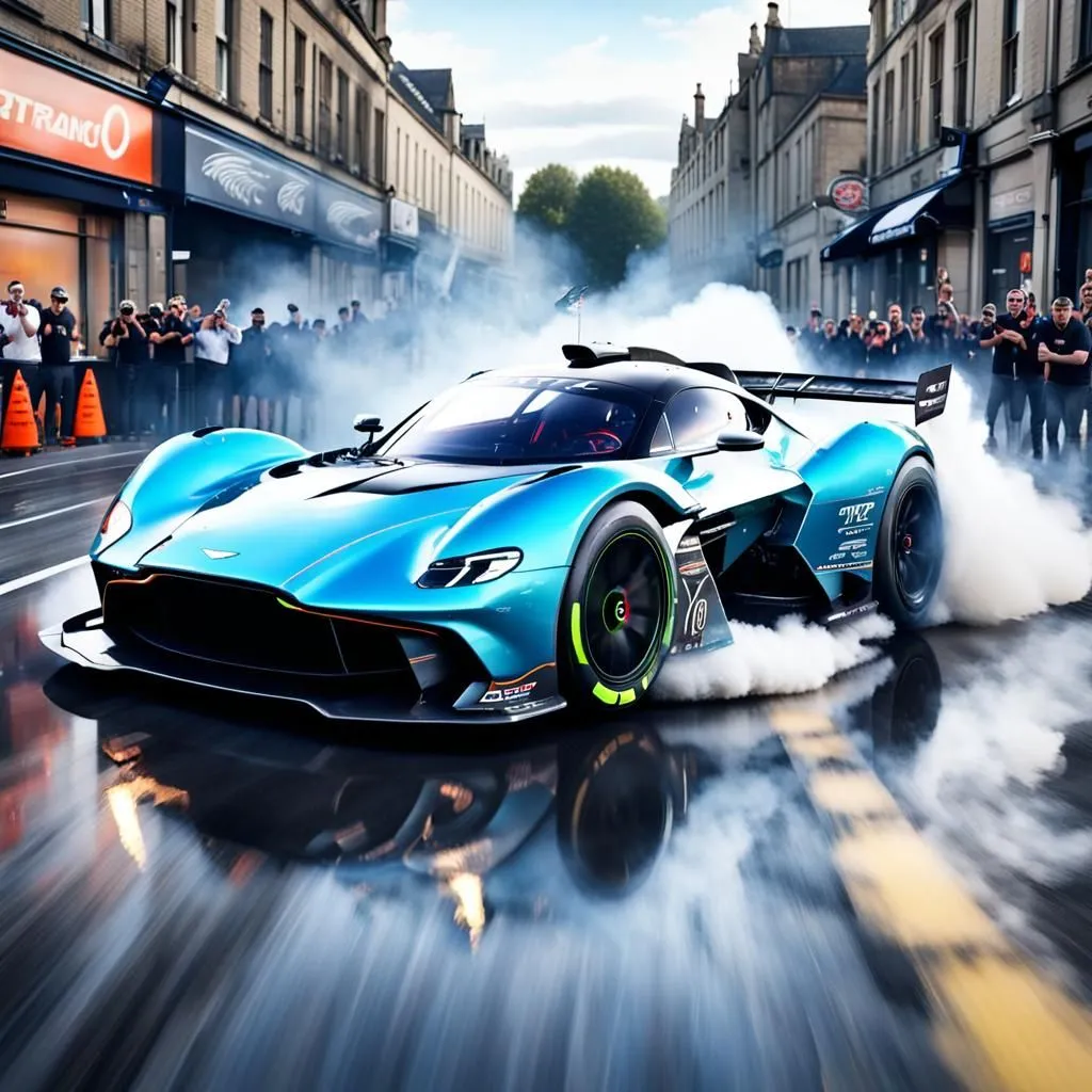 A blue and black sports car is driving down a wet street. The car is surrounded by smoke and people are standing on the sidelines watching it. The car is very fast and it is making a lot of noise. The people are excited to see the car and they are cheering it on. The car is very powerful and it is able to drive very fast. The car is also very expensive and it is only available to a few people.