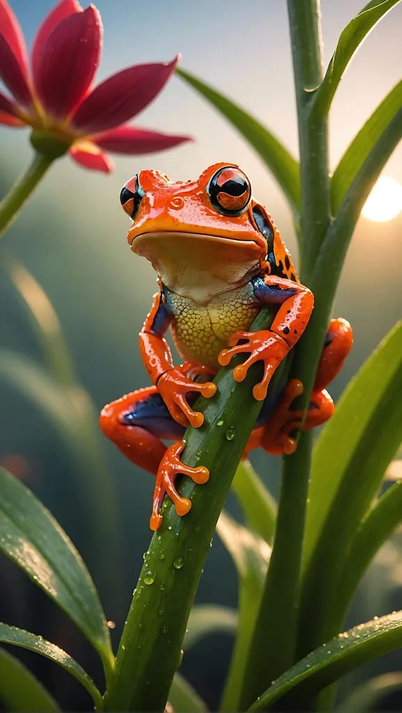 A tiny, vibrantly colored frog is perched on a stalk. The frog is mostly orange, but has blue and black markings on its legs and a blue belly. Its eyes are red with black pupils. The frog is surrounded by green leaves and red flowers. The background is blurred, but it looks like there is a larger plant in the background. The frog is in focus and looks very realistic.