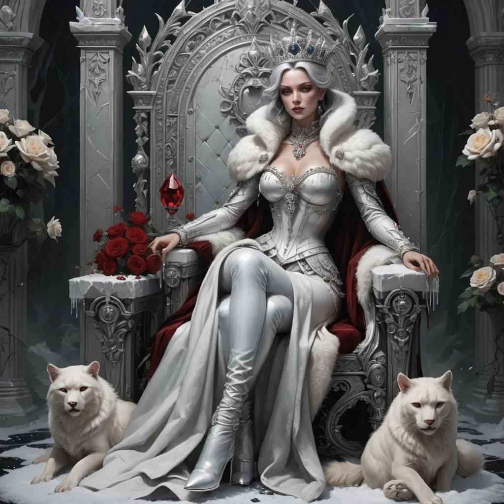 The Snow Queen sits on her throne of ice and snow, her eyes are cold and睥睨一切. She is wearing a white dress with a high collar, and her long white hair is flowing down her back. She is surrounded by white roses, and two white wolves are sitting at her feet.