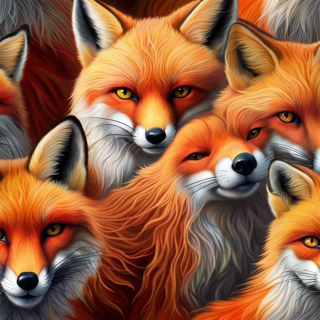 A group of red foxes are staring at the viewer. The foxes are all different sizes and ages. They have bright orange fur, whitetipped tails, and sharp eyes. The background is a blur of orange and yellow-colored leaves. The painting is done in a realistic style and the foxes look very lifelike.