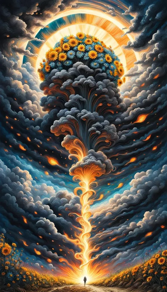 This is an image of a tornado. The tornado is made of dark clouds and orange flames. There are also some yellow and blue flowers in the tornado. The tornado is surrounded by dark clouds and there is a bright light at the top of the tornado. There is a person standing in front of the tornado. The person is wearing a hat and a long coat. The person is holding a staff.