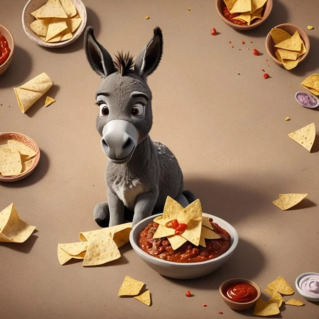 A grey donkey sits in the middle of a mess of nacho chips and bowls of chili and salsa. The donkey has a bashful smile on its face and is looking up at the camera. The chips and bowls are scattered around the donkey in a circle.