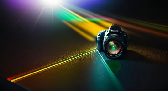 A black camera is placed on a reflective surface. There is a bright light in the background, which is creating a rainbow-like reflection on the surface. The camera is in focus, and the reflection is blurred.