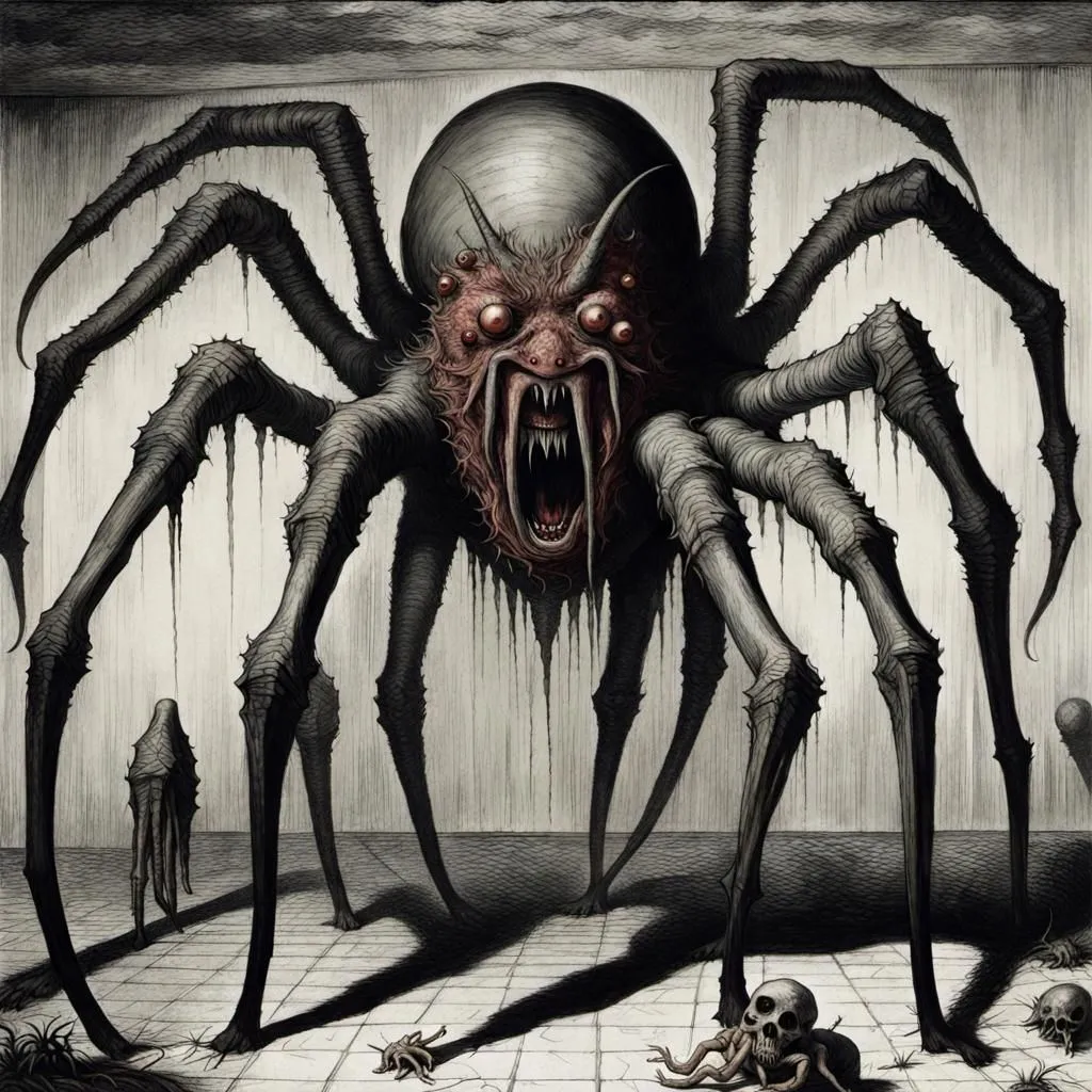 The image is a nightmarish depiction of a giant spider with a human face. The spider is standing in a dark room, its long legs splayed out in front of it. Its body is covered in fur, and its eyes are red and glowing. The spider's mouth is open, and its teeth are dripping with venom. In the background, there are several human skeletons, suggesting that the spider has killed and eaten its victims.