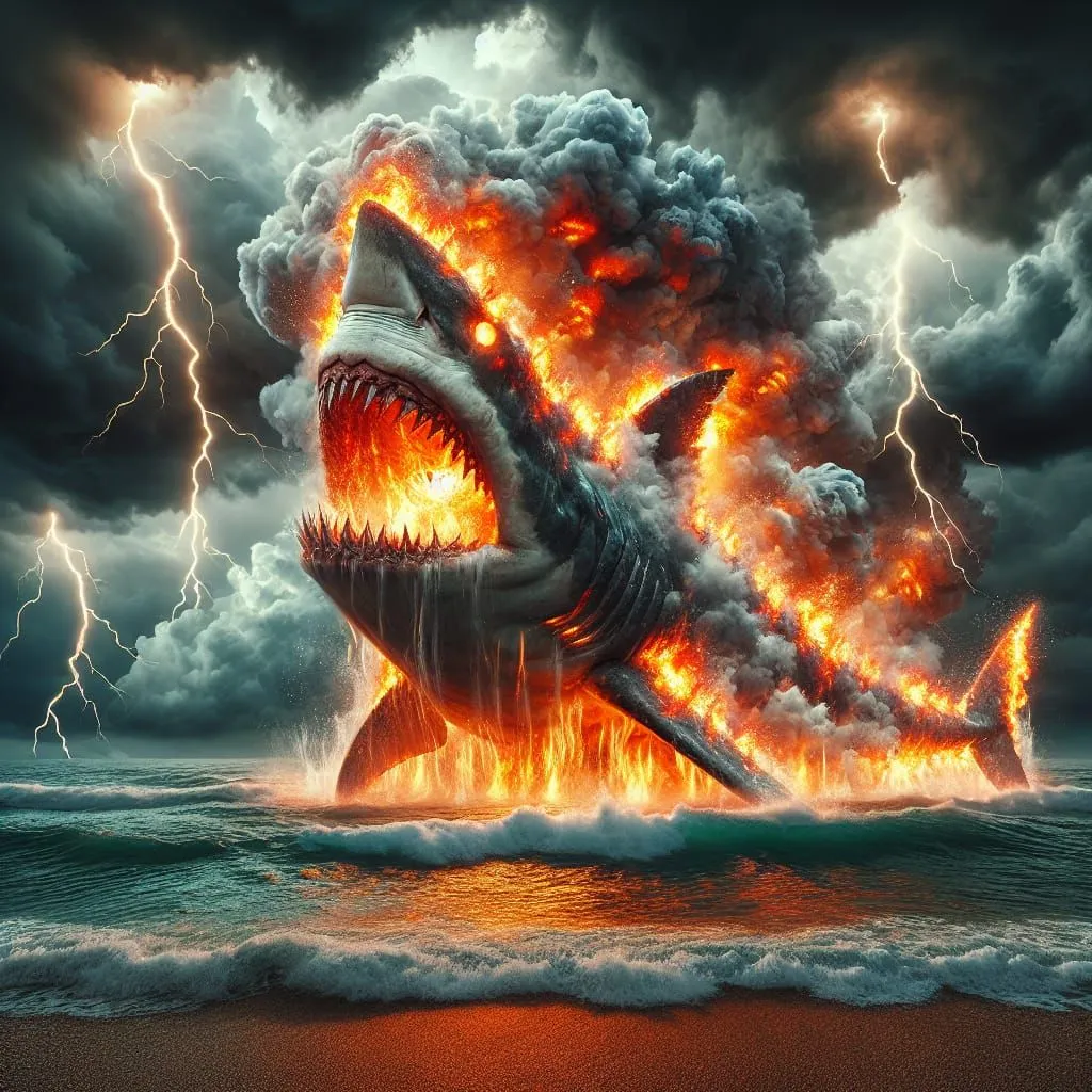 The image depicts a giant shark rising from the ocean. The shark is made of fire and smoke. There is a storm in the background with闪电and rain. The shark is roaring and has its mouth open. It looks like it is about to attack. The image is very迫力and conveys a sense of danger and fear.