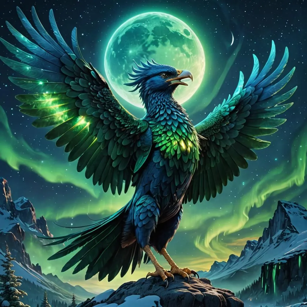 The majestic phoenix stands proudly on a rock, its wings outstretched as if ready to take flight. The creature is a beautiful blend of blues and greens, its feathers shimmering in the moonlight. The phoenix's eyes are a deep, piercing blue, and they seem to glow with inner fire. The background of the image is a dark, starry night sky, with a full moon shining brightly. The aurora borealis can be seen in the distance, adding a touch of magic to the scene. The overall effect of the image is one of awe and wonder, as the viewer is captivated by the beauty of the phoenix and the mystery of its surroundings.